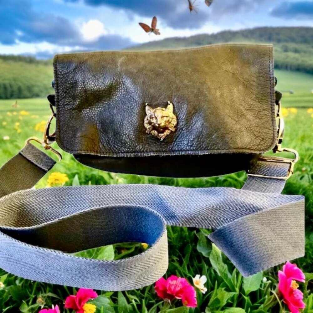 Sous les Pavés Paris SLP Green Lambskin Handbag Crossbody Web Strap Bronze Cat - Picture 3 of 15